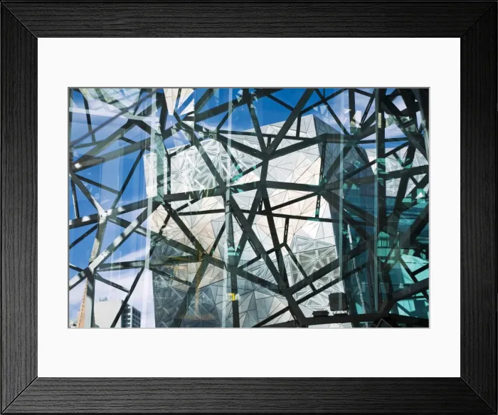 Framed Print : Australia, Victoria, Melbourne. View through the glass and metal architecture of Federation Square Framed Print : Australia, Victoria, Melbourne. View through the glass and metal architecture of Federation Square