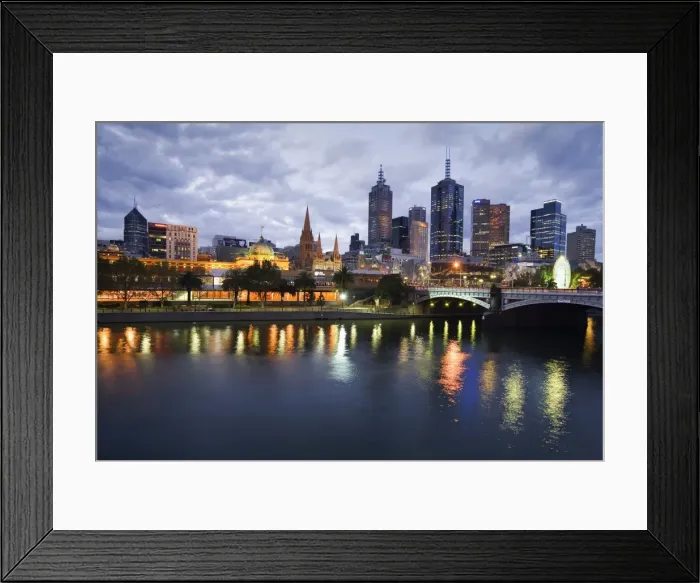 Framed Print : Australia, Victoria, Melbourne. Yarra River and city skyline by night