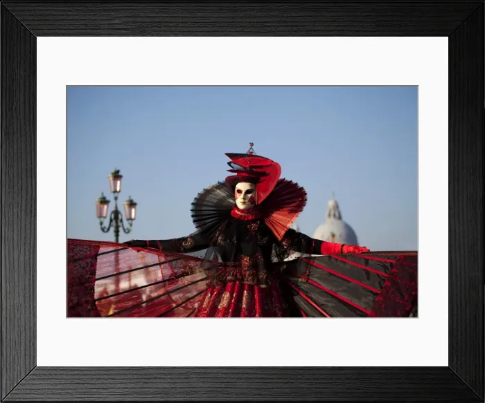 Framed Print : Venice, Veneto, Italy; A mask in costume on the Bacino di San Marco with the cupola of Santa Maria della Salute in Framed Print : Venice, Veneto, Italy; A mask in costume on the Bacino di San Marco with the cupola of Santa Maria della Salute in