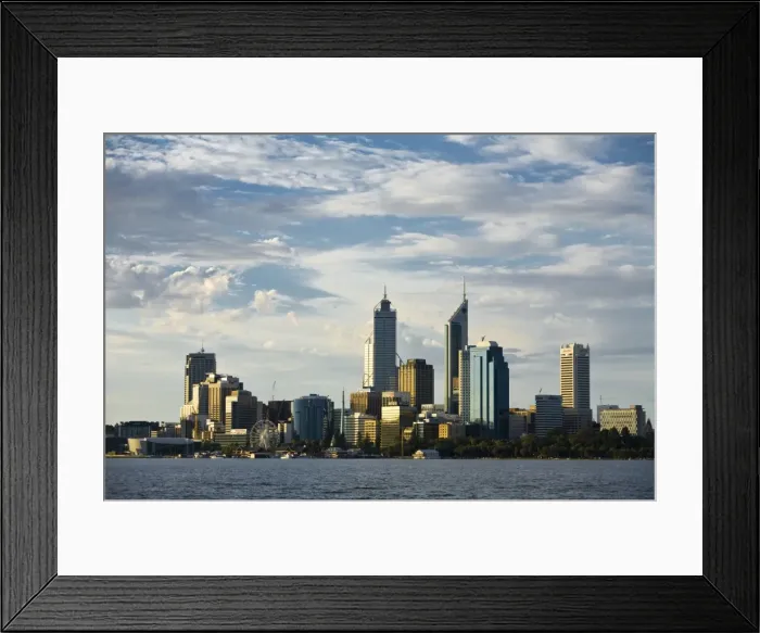 Framed Print : Australia, Western Australia, Perth. View across the Swan River to the city skyline at dusk Framed Print : Australia, Western Australia, Perth. View across the Swan River to the city skyline at dusk