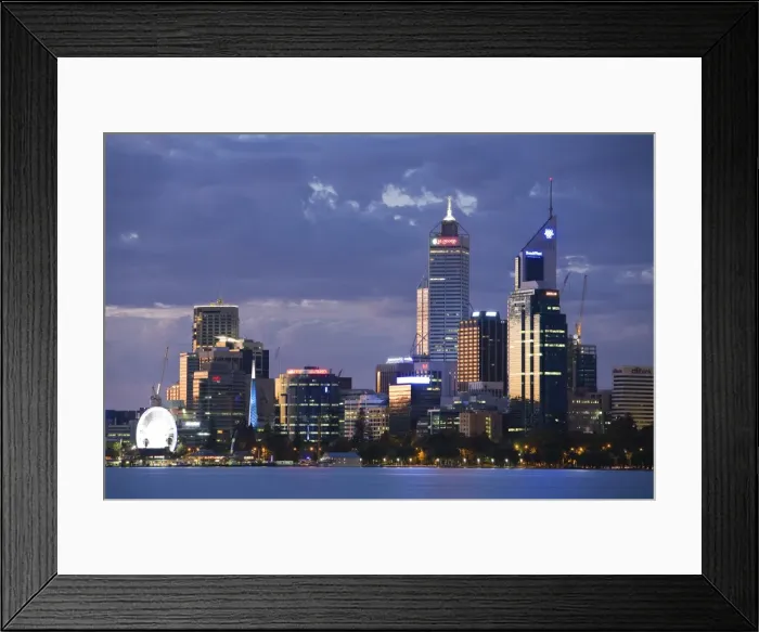 Framed Print : Australia, Western Australia, Perth. The Swan River and city skyline at dusk