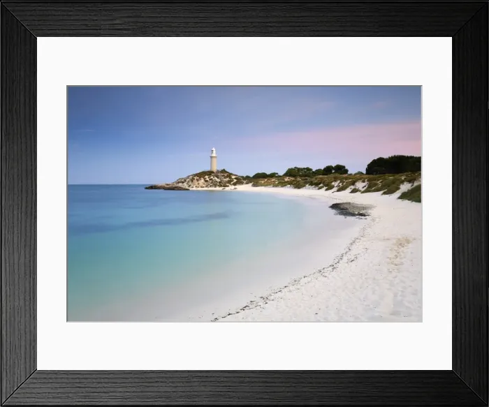 Framed Print : Australia, Western Australia, Rottnest Island. View along Pinky Beach to Bathurst lighthouse at dusk Framed Print : Australia, Western Australia, Rottnest Island. View along Pinky Beach to Bathurst lighthouse at dusk