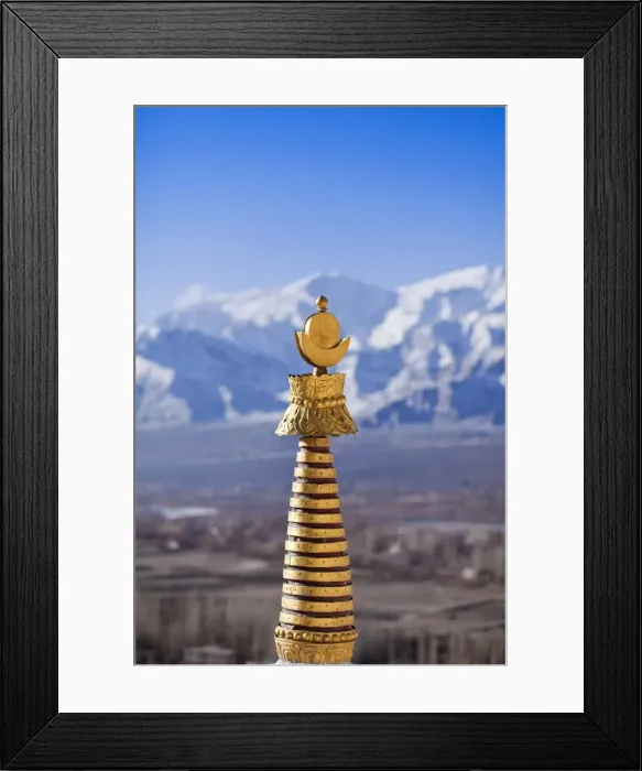 Framed Print : India, Ladakh, Thiksey. The golden finial of a chorten at Thiksey Monastery Framed Print : India, Ladakh, Thiksey. The golden finial of a chorten at Thiksey Monastery