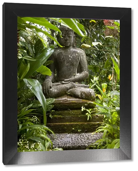 Bali, Ubud. A statue of Budda sits serenely in gardens