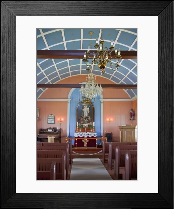 Framed Print : The beautiful interior of the wooden church at Strandarkirkja, which is situated on Icelands southwest coast. It is generally believed that this little church is the wealthiest for its size in Iceland with many donors from overseas