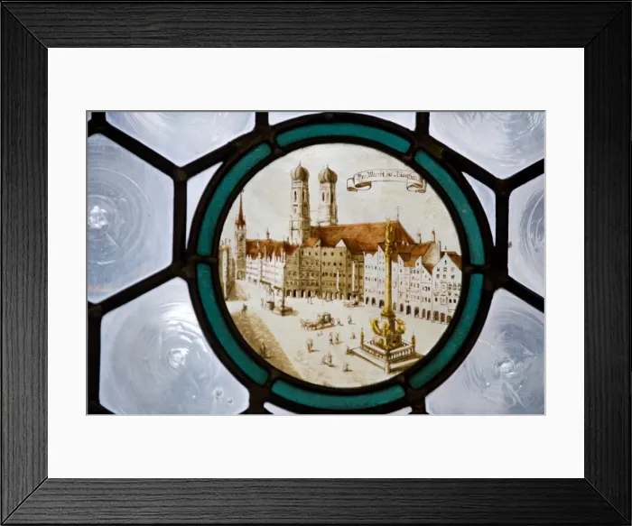 Framed Print : Germany, Bavaria, Munich. Detail of stained glass window depicting Fraenkirche from Marienplatz Framed Print : Germany, Bavaria, Munich. Detail of stained glass window depicting Fraenkirche from Marienplatz