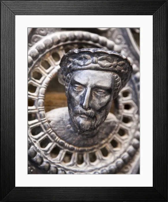 Framed Print : France, Tarn, Sorze. Intricate metal door ornamentation, Sorze