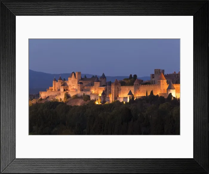 Framed Print : France, Languedoc-Rousillon, Carcassonne. The fortifications of Carcassonne at dusk Framed Print : France, Languedoc-Rousillon, Carcassonne. The fortifications of Carcassonne at dusk