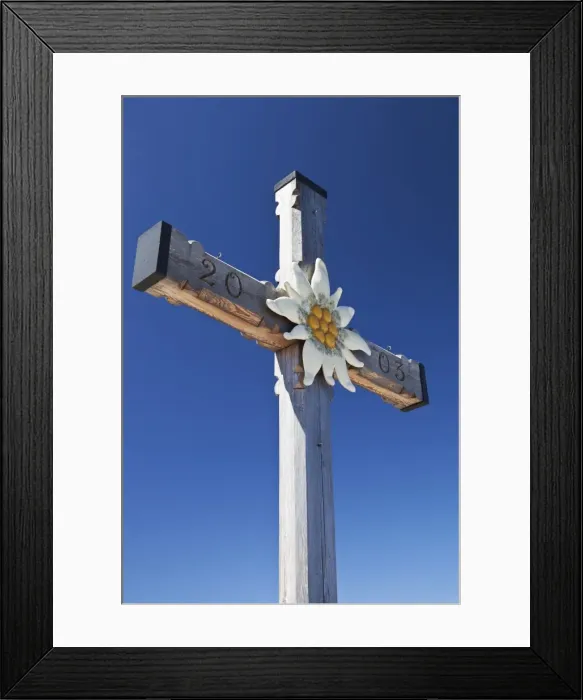 Framed Print : Memorial cross and Edelweiss flower motif on Kehlstein Peak, location of Hitlers Eagles Nest residence in Berchtesgaden, Obersalzburg