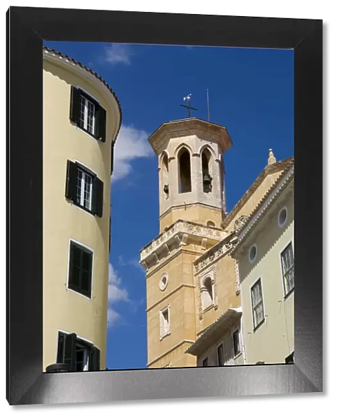 Spain, Menorca, Mahon. Belltower on ornate building in the Menorcan capital