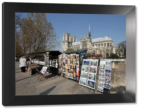 The famous cathedral of Notre Dame in Paris with the Bouquinistes in the foreground