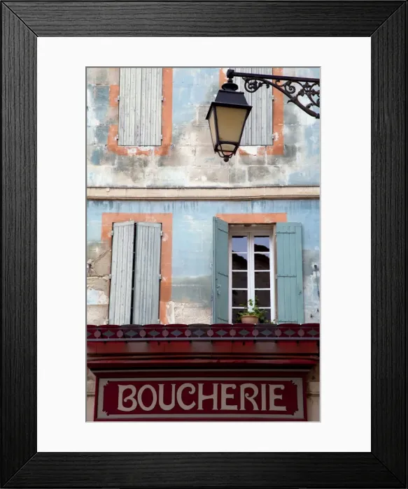 Framed Print : Arles; Bouches du Rhone, France; Sign of a butchers shop and a brightly painted facade