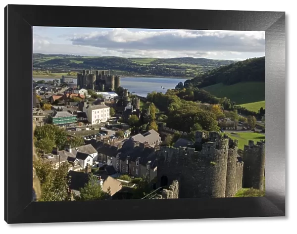 UK, North Wales; Conwy. View of the town and castle with the Conwy River behind
