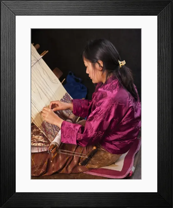 Framed Print : A woman weaves an intricate pattern in silk on her traditional wooden loom. The broad leather belt around her buttocks is the reason for naming this particular type of loom backstrap loom Framed Print : A woman weaves an intricate pattern in silk on her traditional wooden loom. The broad leather belt around her buttocks is the reason for naming this particular type of loom backstrap loom