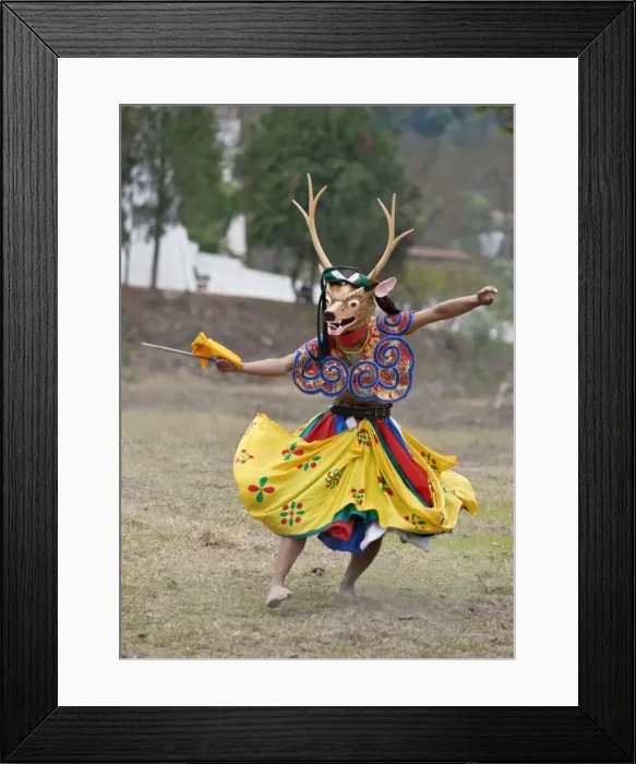 Framed Print : A dancer performs Shazam Tam, the Dance of the Four Stags outside Punakha Dzong. The dance commemorates the subjugation of the troublesome Wind God by Guru Rinpoche who rode the Gods stag to celebrate victory Framed Print : A dancer performs Shazam Tam, the Dance of the Four Stags outside Punakha Dzong. The dance commemorates the subjugation of the troublesome Wind God by Guru Rinpoche who rode the Gods stag to celebrate victory