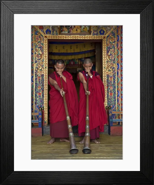 Framed Print : Two monks blow long horns called dung-chen, at the temple of Wangdue Phodrang Dzong Framed Print : Two monks blow long horns called dung-chen, at the temple of Wangdue Phodrang Dzong