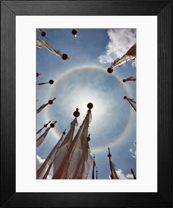 Framed Print : A very unusual full circle rainbow phenomenon surrounded by lungdhar Buddhist prayer flags Framed Print : A very unusual full circle rainbow phenomenon surrounded by lungdhar Buddhist prayer flags