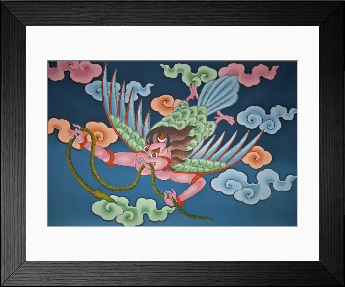 Framed Print : A painting of Garuda by students at the National Institute for Zorig Chusum the school of thirteen arts and crafts. Legend relates how Guru Rinpoche transformed himself into Garuda, the mythical bird, to subdue the demoness terrorizing the B Framed Print : A painting of Garuda by students at the National Institute for Zorig Chusum the school of thirteen arts and crafts. Legend relates how Guru Rinpoche transformed himself into Garuda, the mythical bird, to subdue the demoness terrorizing the B