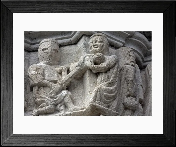 Framed Print : Sweden, Island of Gotland. Graphic representation on a church stone carved frieze of the invasion of the island by armour clad Framed Print : Sweden, Island of Gotland. Graphic representation on a church stone carved frieze of the invasion of the island by armour clad
