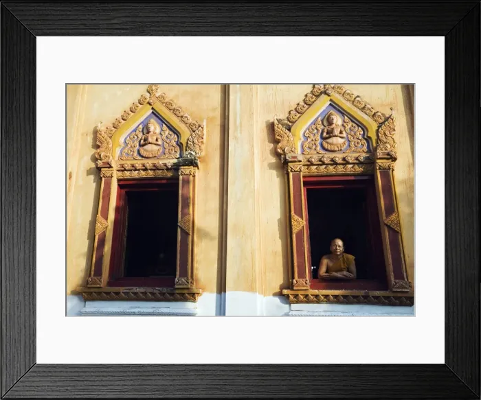 Framed Print : Thailand, Nong Khai, Nong Khai. A monk looks out from a window at Wat Hai Sok Framed Print : Thailand, Nong Khai, Nong Khai. A monk looks out from a window at Wat Hai Sok