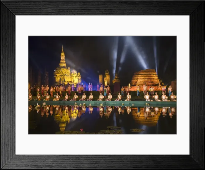 Framed Print : Thailand, Sukhothai, Sukhothai. Sound and Light Show at Wat Mahathat in the Sukhothai Historical Park. The show is part of the Loy Krathong festival held in November, featuring cultural performances, parades and the floating of lotus shaped Framed Print : Thailand, Sukhothai, Sukhothai. Sound and Light Show at Wat Mahathat in the Sukhothai Historical Park. The show is part of the Loy Krathong festival held in November, featuring cultural performances, parades and the floating of lotus shaped