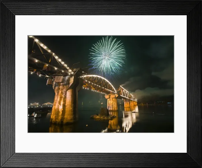 Framed Print : Thailand, Kanchanaburi, Kanchanaburi. Fireworks over Death Railway Bridge Framed Print : Thailand, Kanchanaburi, Kanchanaburi. Fireworks over Death Railway Bridge