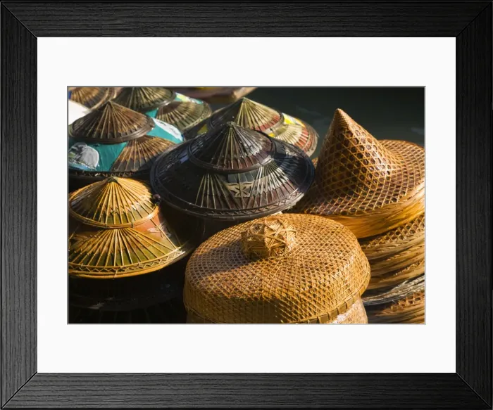 Framed Print : Thailand, Samut Songkhram, Damnoen Saduak. Traditional hats for sale at the Damnoen Saduak floating market Framed Print : Thailand, Samut Songkhram, Damnoen Saduak. Traditional hats for sale at the Damnoen Saduak floating market
