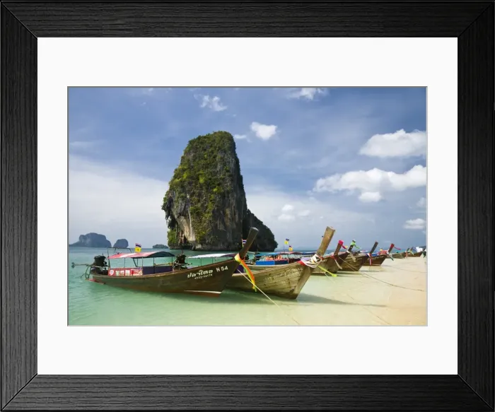 Framed Print : Thailand, Krabi, Railay. Longtail boats at Hat Phra Nang (Phra Nang Beach) with Happy Island in the background Framed Print : Thailand, Krabi, Railay. Longtail boats at Hat Phra Nang (Phra Nang Beach) with Happy Island in the background