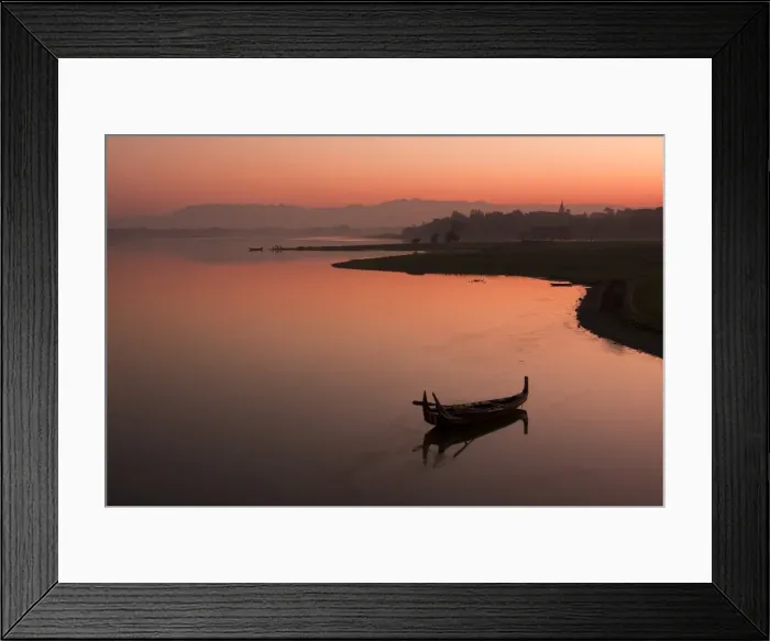 Framed Print : Myanmar, Burma, Amarapura. Sunrise at Taungthaman Lake, Amarapura, with Kyauktawgyi Pagoda just visible above Framed Print : Myanmar, Burma, Amarapura. Sunrise at Taungthaman Lake, Amarapura, with Kyauktawgyi Pagoda just visible above