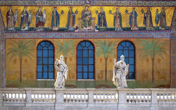 Framed Print : 12 century mosaic of the Virgin Mary with the infant Jesus flanked by 10 women holding lamps on the facade of Basilica of Santa Maria in Trastevere (Basilica di Santa Maria in Trastevere), one of the oldest churches of Rome, Italy Framed Print : 12 century mosaic of the Virgin Mary with the infant Jesus flanked by 10 women holding lamps on the facade of Basilica of Santa Maria in Trastevere (Basilica di Santa Maria in Trastevere), one of the oldest churches of Rome, Italy