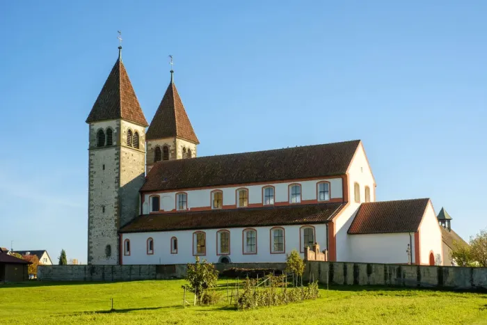 Framed Print : 15th-century towers on the Romanesque church of Sts Peter and Paul in Reichenau-Niederzell