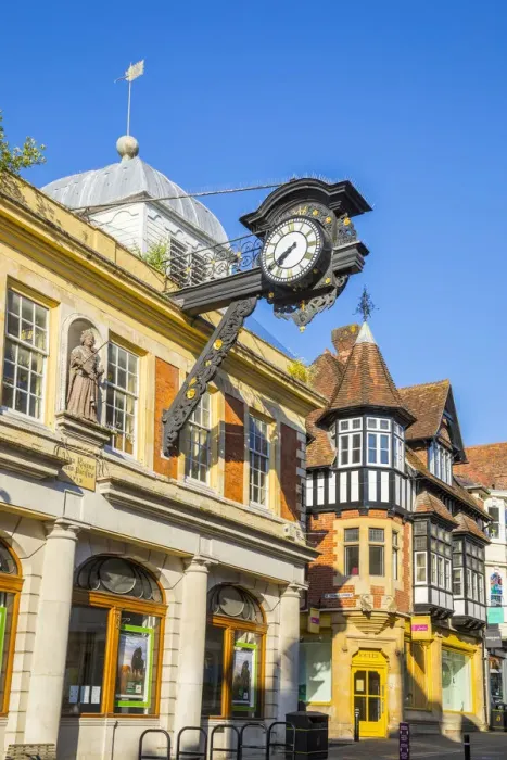 Framed Print : 19th century clock on the Old Guildhall, Winchester, Hampshire, England, UK Framed Print : 19th century clock on the Old Guildhall, Winchester, Hampshire, England, UK