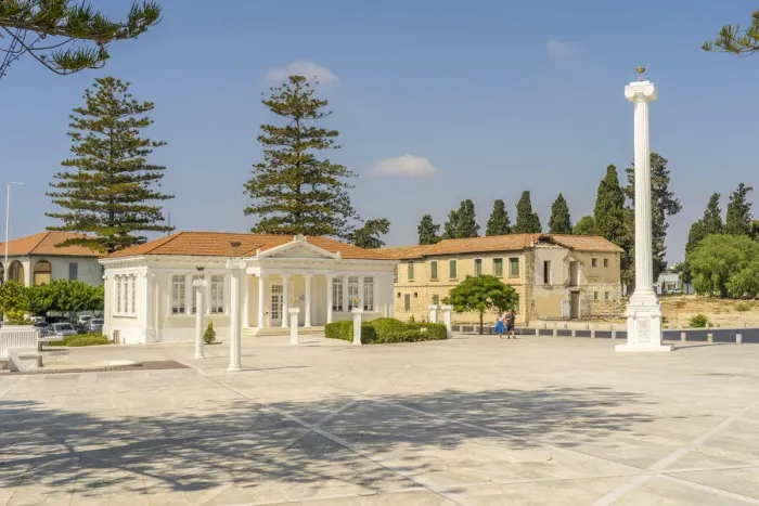 Framed Print : 28th of October Column and the Paphos Municipal Library in 28th of October Square, Paphos