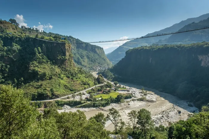 Framed Print : The 567 metre Ghandaki Golden Bridge suspended walkway over the Kali Gandaki river, Baglung, Annapurna Region, Gandaki Province, Nepal Framed Print : The 567 metre Ghandaki Golden Bridge suspended walkway over the Kali Gandaki river, Baglung, Annapurna Region, Gandaki Province, Nepal
