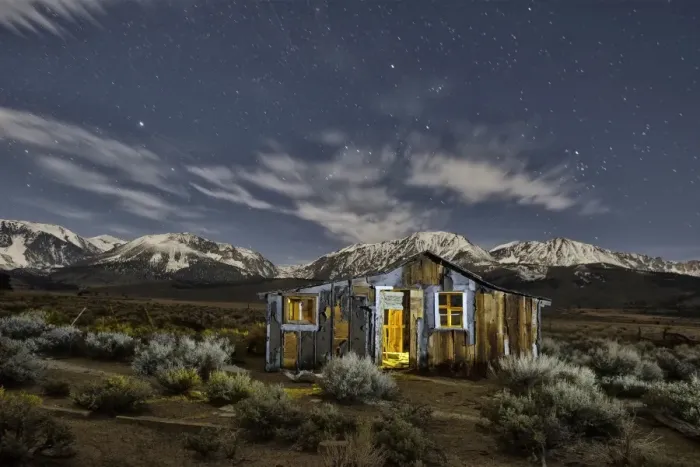 Framed Print : Abandoned cabin at night with Sierra Nevada mountains in back, Mono Lake, Eastern Sierra Framed Print : Abandoned cabin at night with Sierra Nevada mountains in back, Mono Lake, Eastern Sierra