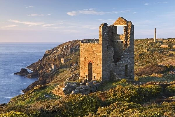 Abandoned tin mines on the Cornish cliffs near Botallack, Cornwall, England. Spring