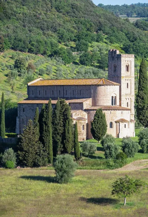 Framed Print : The Abbey of Sant'Antimo (Abbazia di Sant'Antimo), a former Benedictine monastery in the commune of Montalcino, Province of Siena, Tuscany, Italy