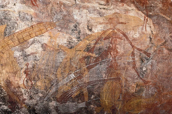 Aboriginal rock art depicting a cowgirl and rifles at Jacobs Hand rock art site