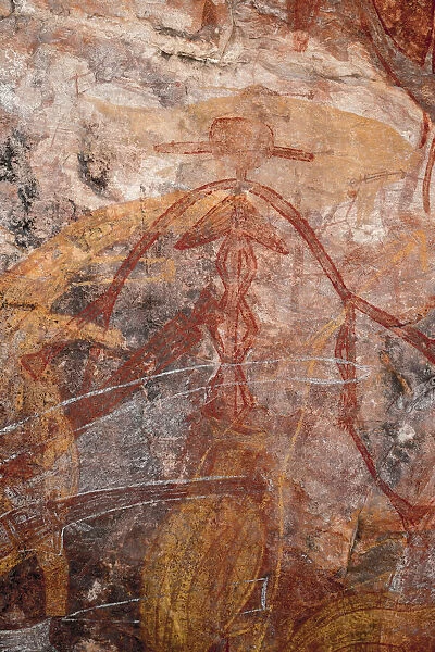 Aboriginal rock art depicting a cowgirl and rifles at Jacobs Hand rock art gsite