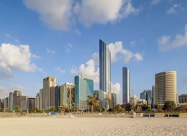 Abu Dhabi Beach with City Center Skyline including World Trade Center, Abu Dhabi