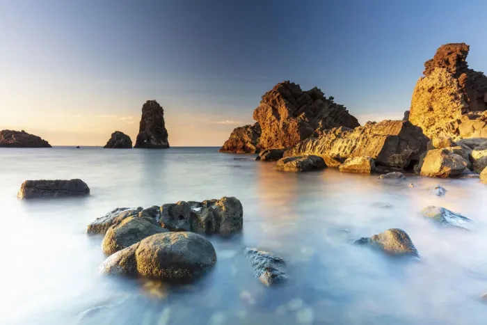 Framed Print : Aci Trezza, Sicily. Sea stacks in the sea at sunrise Framed Print : Aci Trezza, Sicily. Sea stacks in the sea at sunrise