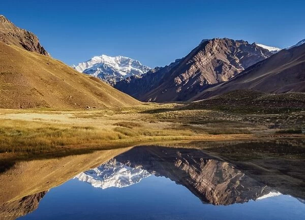 Aconcagua Mountain reflecting in the Espejo Lagoon, Aconcagua Provincial Park, Central Andes