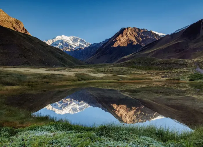 Framed Print : Aconcagua Mountain reflecting in the Espejo Lagoon, Aconcagua Provincial Park, Central Framed Print : Aconcagua Mountain reflecting in the Espejo Lagoon, Aconcagua Provincial Park, Central