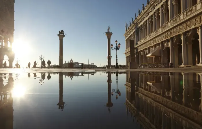 Framed Print : Acqua Alta in St Marks square at sunrise, Venice, Veneto, Italy Framed Print : Acqua Alta in St Marks square at sunrise, Venice, Veneto, Italy