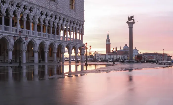 Framed Print : Acqua Alta in St Marks square at sunrise, Venice; Veneto; Italy Framed Print : Acqua Alta in St Marks square at sunrise, Venice; Veneto; Italy