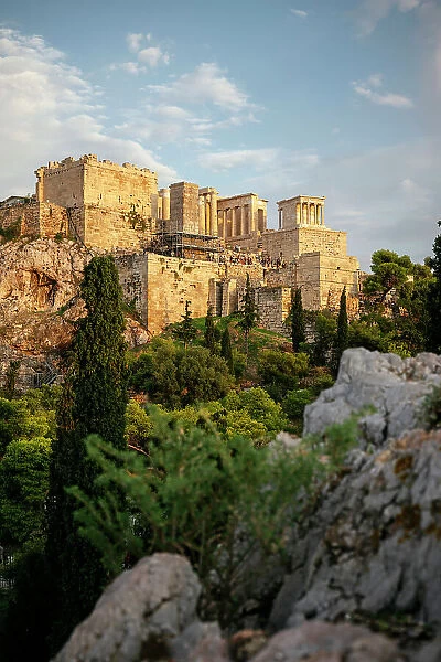 The Acropolis at dusk from Areopagus Hill, Athens, Attica, Greece