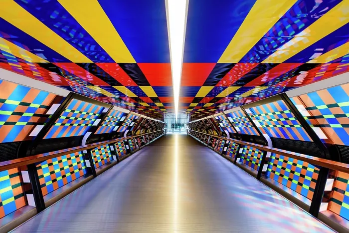 Framed Print : The Adam Plaza Bridge, with colourful light installation by Camille Walala, Canary Wharf, London, England Framed Print : The Adam Plaza Bridge, with colourful light installation by Camille Walala, Canary Wharf, London, England