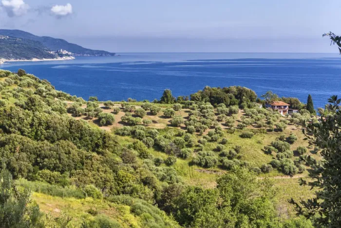 Framed Print : Aegean sea coast, Mount Athos, Athos peninsula, Greece