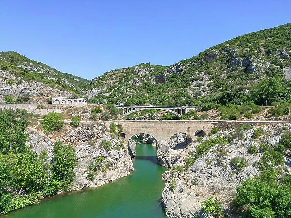 Aerai view at Pont du Diable near Saint-Guilhem-le-Desert, Herault, Languedoc-Roussillon, Occitanie, France
