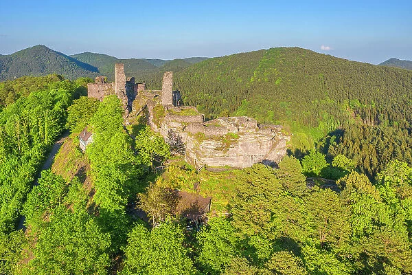 Aerail view at the Alt-Dahn castle near Dahn, Palatinate forest, Rhineland-Palatinate, Germany